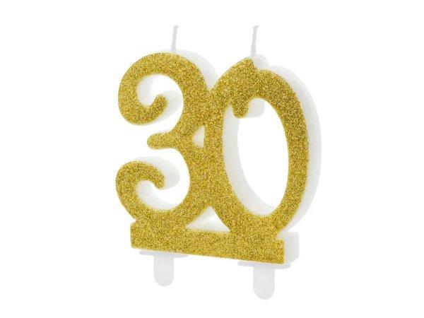 PartyDeco születésnapi glitter gyertya, 30, arany, 10cm