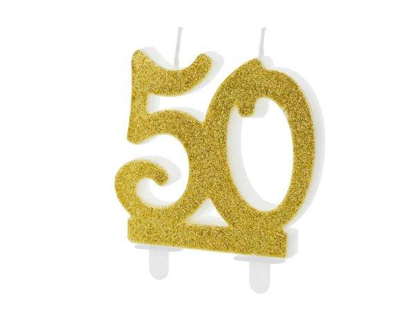 PartyDeco születésnapi glitter gyertya, 50, arany, 10cm