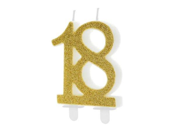 PartyDeco születésnapi glitter gyertya, 18, arany, 10cm