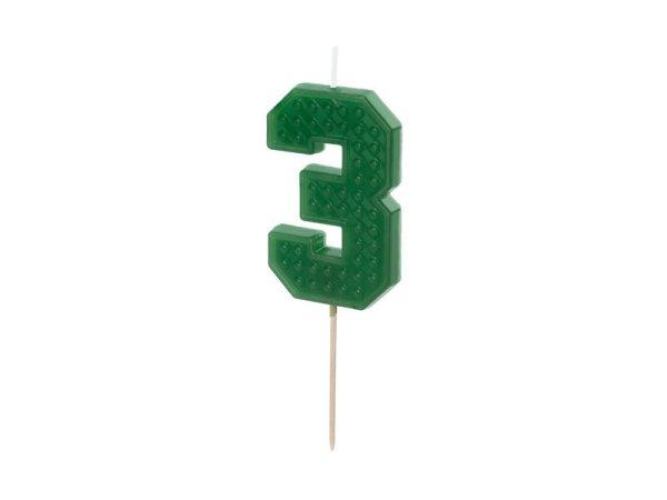 PartyDeco születésnapi lego gyertya, 3, zöld, 6cm