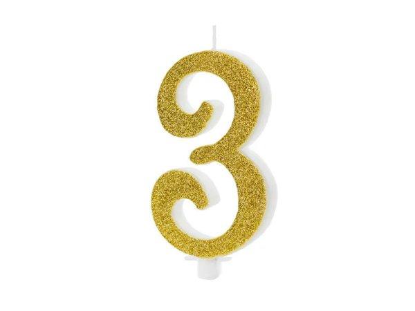 PartyDeco születésnapi glitter gyertya, 3, arany, 10cm