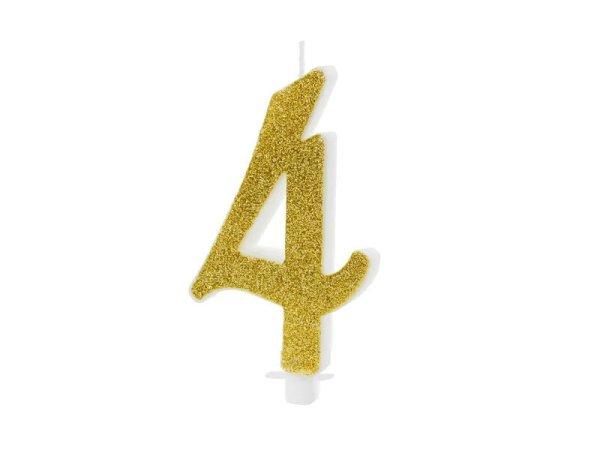 PartyDeco születésnapi glitter gyertya, 4, arany, 10cm