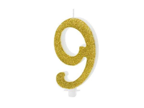 PartyDeco születésnapi glitter gyertya, 9, arany, 10cm