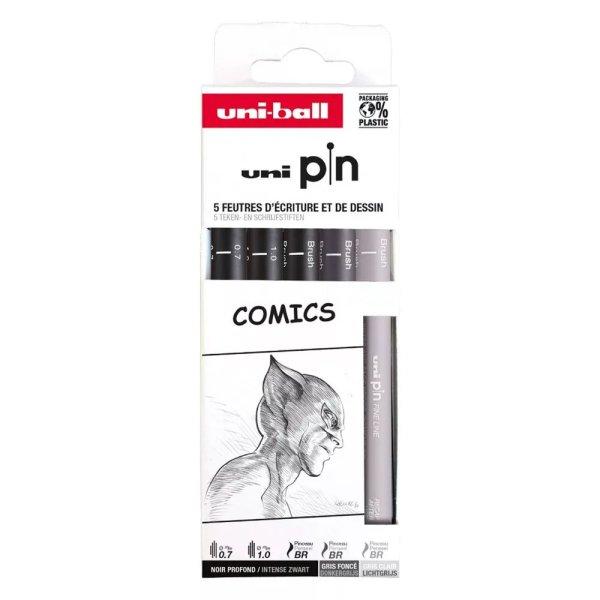 UNI PIN 5 darabos rajzmarker készlet Comics (Brush Light Grey, Brush Dark Grey,
Brush Black, fekete rajzmarker: 0,7/1,0 mm)
