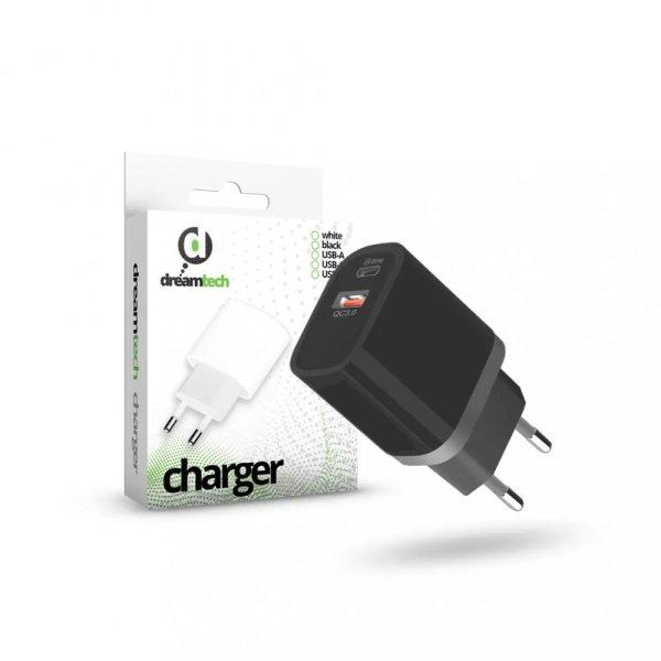 Dreamtech Charger Black 20W QC3.0 Type C + USB-A hálózati gyors töltő
adapter