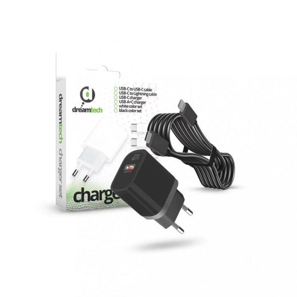 Dreamtech PD Charger Set USB-C+A 20W+QC3.0-s adapterrel és USB-C / Lightning
kábellel FEKETE