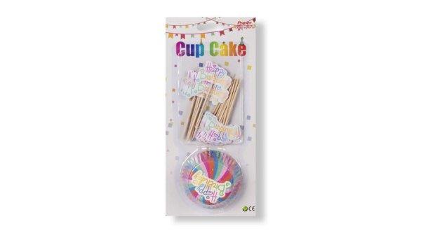 24 db-os színes csíkos Happy Birthday muffin papír szett díszítő
pálcikával