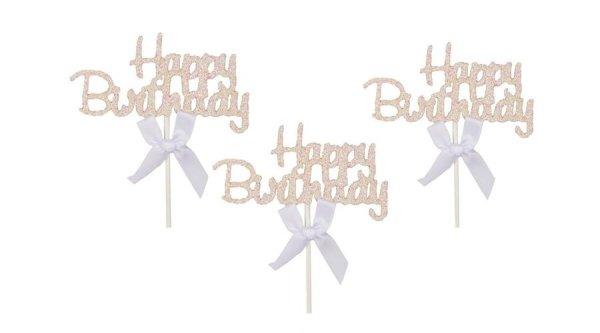 3 db rózsaszín csillogós Happy Birthday felirat beszúró tortadísz