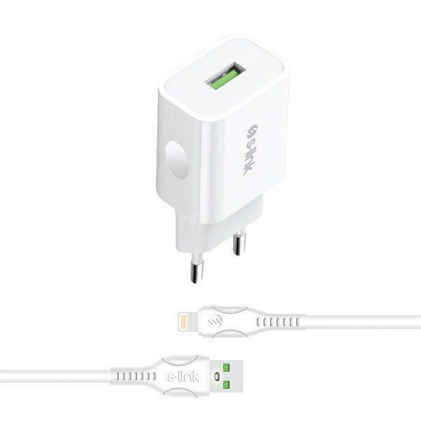 S-Link Hálózati töltő - AND-EC14B Lightning (1db USB, 5V/1A, 5W,
Lightning-USB 100cm adat+töltőkábel, fehér)