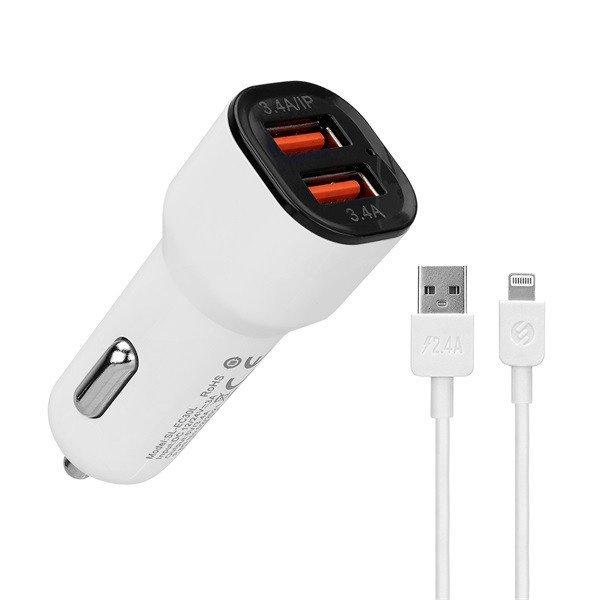 S-Link Autós töltő - SL-EC30L (2db USB, 5V/2.4A/3,4A, 17W, Lightning, 100cm
adat+töltőkábel, fehér)