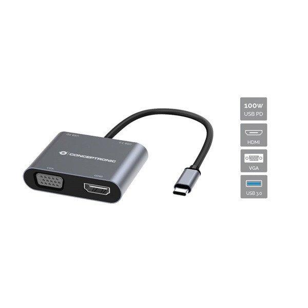 Conceptronic Notebook Dokkoló - DONN16G (USB-C to HDMI+VGA+USB-A PD:100W,
ezüst)