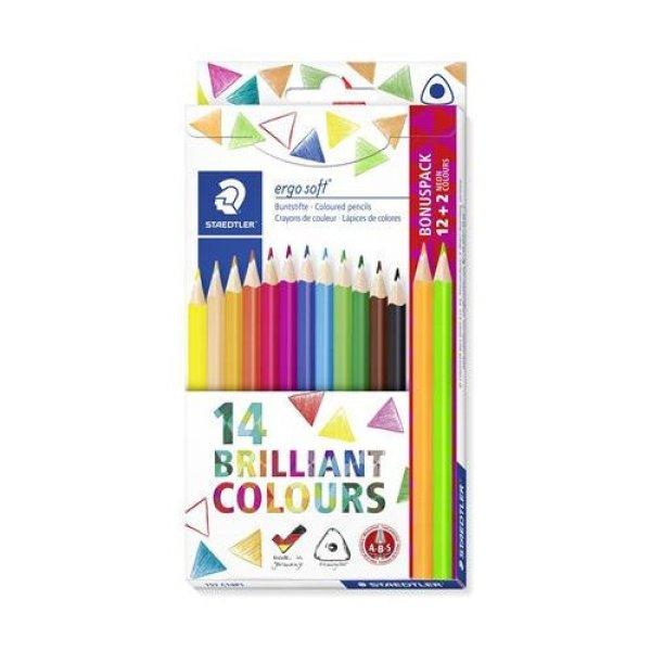 Színes ceruza készlet, háromszögletű, ajándék 2 db színes ceruzával,
STAEDTLER "Ergo Soft", 14 különböző szín