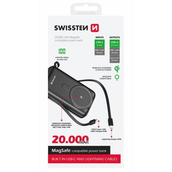 Swissten Powerbank 20 W 20000 mAh (compatible with MagSafe) with integrated
USB-C and lighting cables, PD, fekete