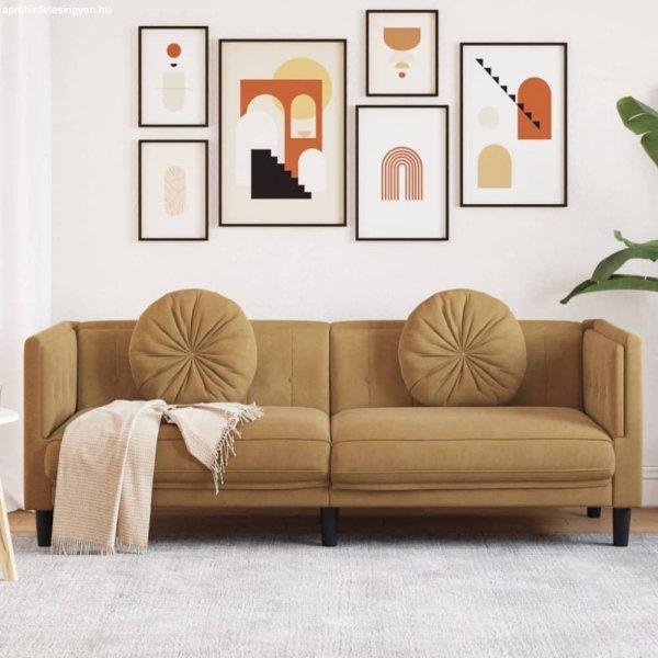 3 személyes barna művelúr kanapé párnával