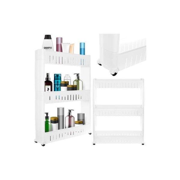 3 szintes, gurulós tároló, tárolópolc konyhába és fürdőszobába,
műanyag, fehér színben