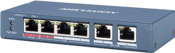 Hikvision DS-3E0106HP-E 6 portos PoE switch (60 W), 1 HiPoE + 3 PoE+(at) + 2
uplink port, nem menedzselhető