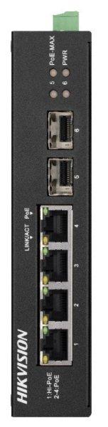 Hikvision DS-3T0506HP-E/HS 6 portos ipari Gbit PoE switch (60 W), 3 PoE+ / 1
HiPoe / 2 SFP uplink port, nem menedzselhető