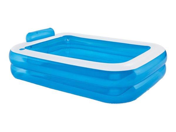 Crivit 202 x 151 x 60 cm 530L Paddig Pool kék-fehér kerti pancsoló medence,
felfújható fürdőmedence fejtámlával és italtartóval