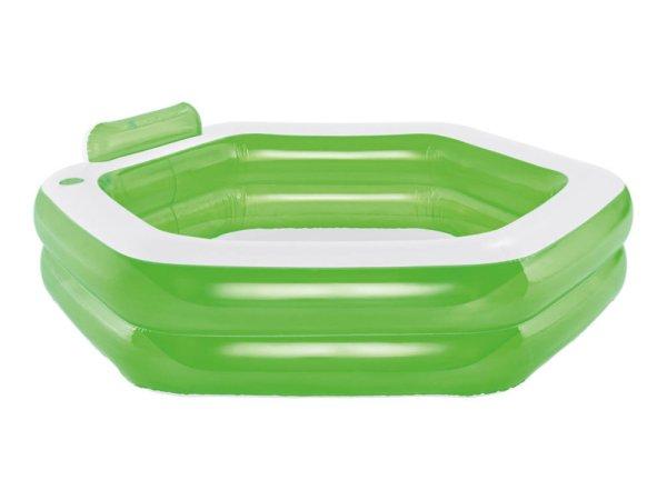 Crivit Penta 202 x 186 x 60 cm 600L Paddig Pool zöld-fehér ötszög alakú
kerti pancsoló medence, felfújható fürdőmedence fejtámlával és
italtartóval