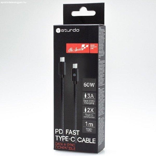 Sturdo Adat-, és töltőkábel textil USB-C/USB-C, PD, 3A, 60W, 1m, fekete