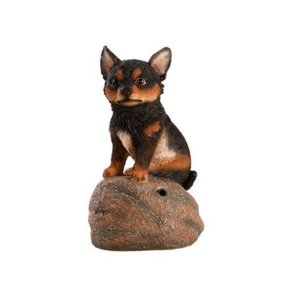 Kövön ülő ugató corgi kiskutya polyresin szobor, fekete, kültéri és
beltéri dekorációs kiegészítő