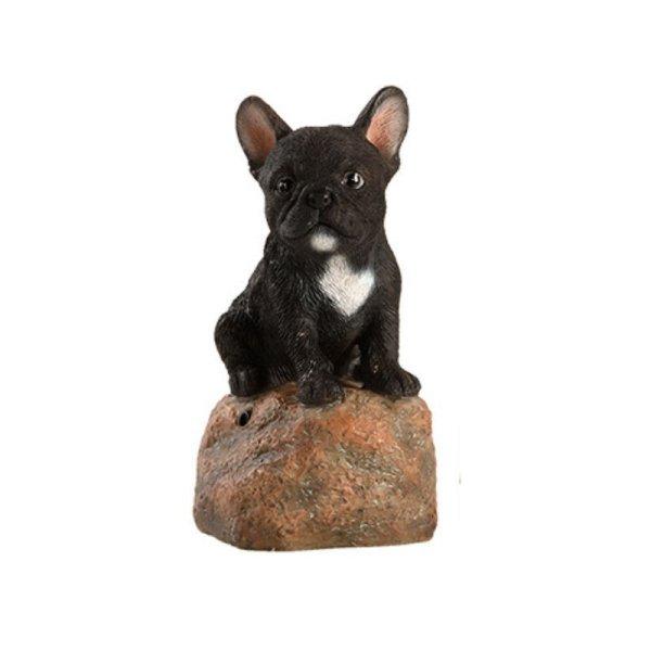 Kövön ülő ugató francia bulldog kiskutya polyresin szobor, fekete,
kültéri és beltéri dekorációs kiegészítő