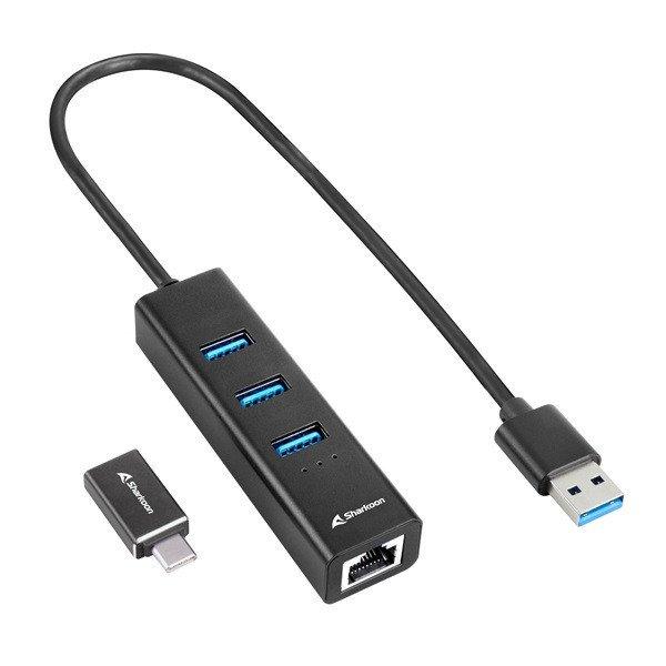 Sharkoon USB Hub - Aluminium Hub Type-C adapter + RJ45 (3port; USB3.2 Gen 1;
Fekete)