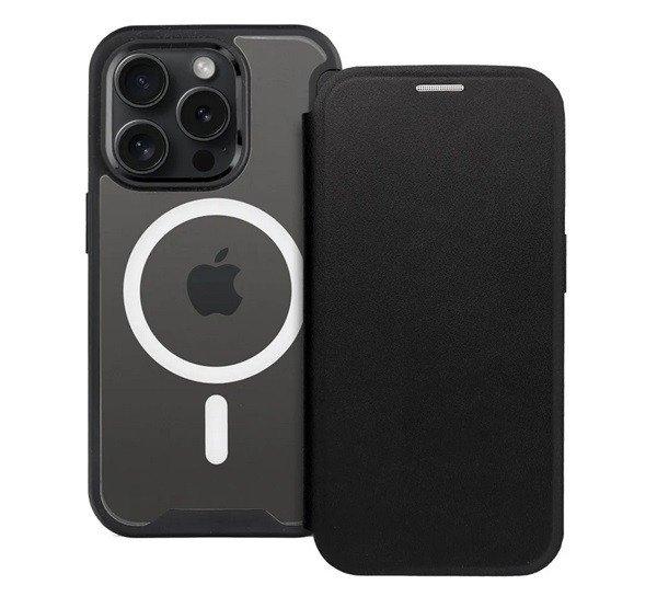 Tok álló, bőr hatású (FLIP, oldalra nyíló, kártyazseb, kameravédő,
mágneses, átlátszó matt hátlap, MagSafe) FEKETE Apple iPhone 15 Plus
