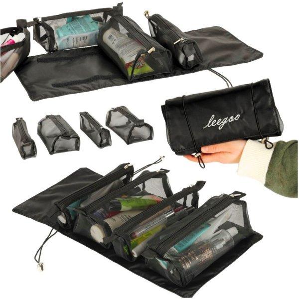 Összehajtható utazó kozmetikai táska 4 rekesszel – 3 kivehető résszel,
feltekerhető, fekete (BBI-4107-1 )
