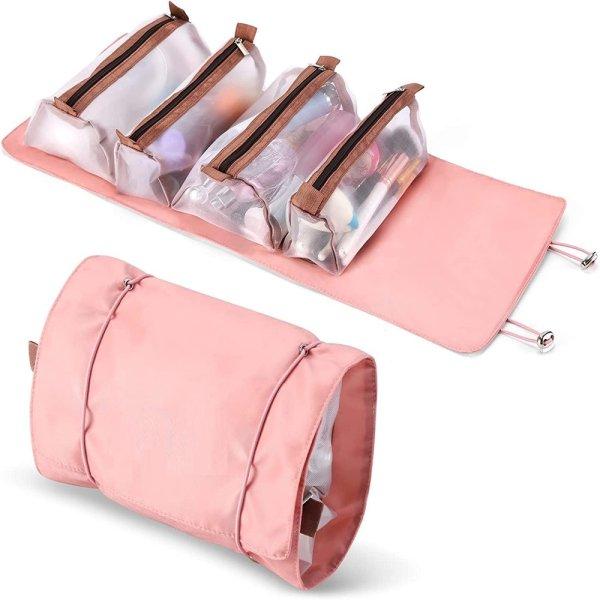 Összehajtható utazó kozmetikai táska 4 rekesszel - 3 kivehető résszel,
feltekerhető, pink (BBI-4107)