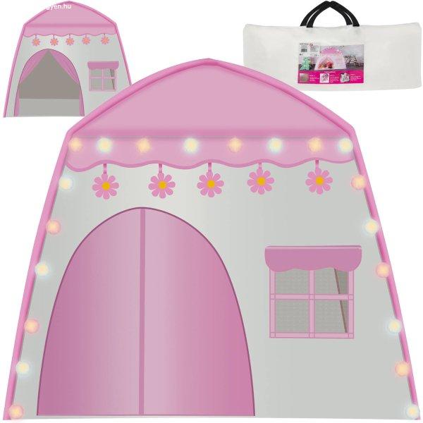 Rózsaszín játszósátor dekor égősorral kül- és beltérre - Hálós
ablakokkal, ajtóval és virágdíszítéssel gazdagítva (BB-23472)