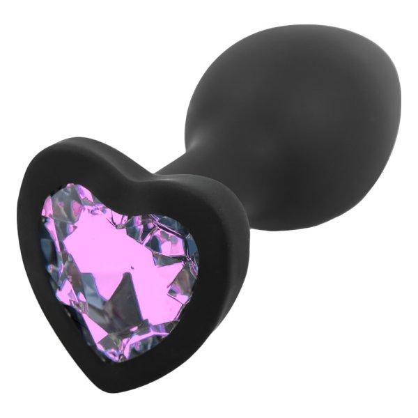 Sunfo - szilikon anál plug szív alakú kővel (fekete-pink)