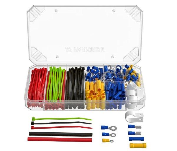 ParkSide 446025 Cable Tie & Clip Set 308 darabos kábelkötöző,
kábelrögzítrő készlet (csipesz, gyorscsatlakozó, tompa csatlakozó,
gyűrűs saru, kábelkötöző, zsugorcső)