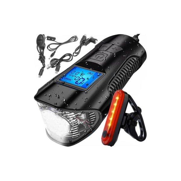 Akkumulátoros LED biciklilámpa, első és hátsó kerékpárlámpák
csengővel, sebességmérő jeladóval, USB töltéssel