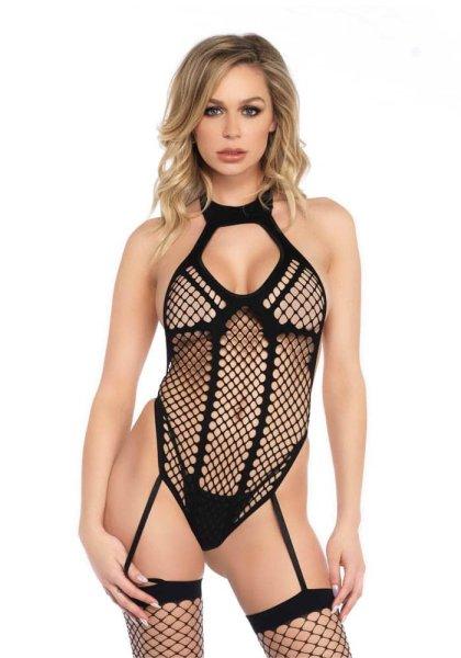  Net Keyhole Halter Teddy Black O/S 