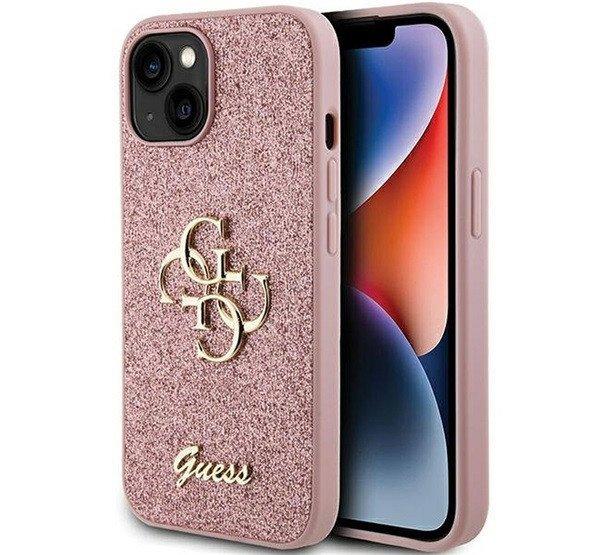 Guess Glitter Script Big 4G Apple iPhone 15 hátlap tok, rózsaszín