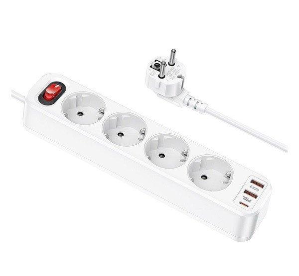 Hoco Aura NS1 power strip 4-bit elosztó aljzat + 2xUSB QC3.0 18W + Type-C PD
20W, fehér