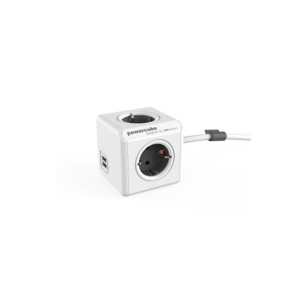 Elosztó, 4 aljzat, 2 USB csatlakozó, 1,5 m kábelhosszúság, ALLOCACOC
"PowerCube Extended USB DE", fehér-szürke