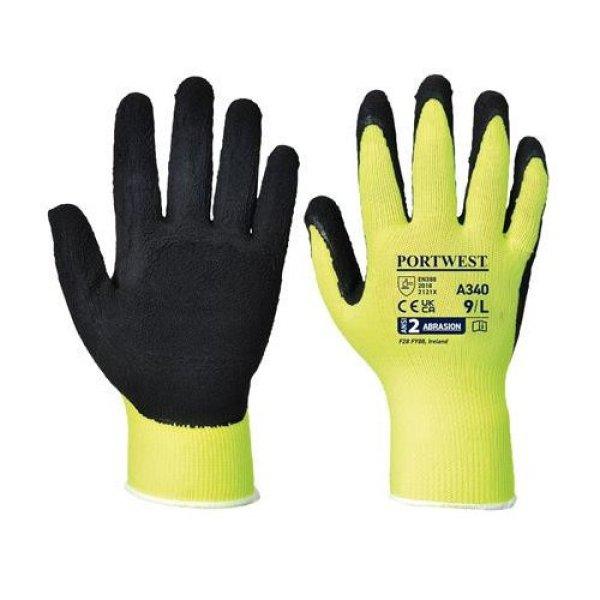 Védőkesztyű, nylon, latexhab, tenyerén mártott, M méret "Hi-Vis
Grip", sárga