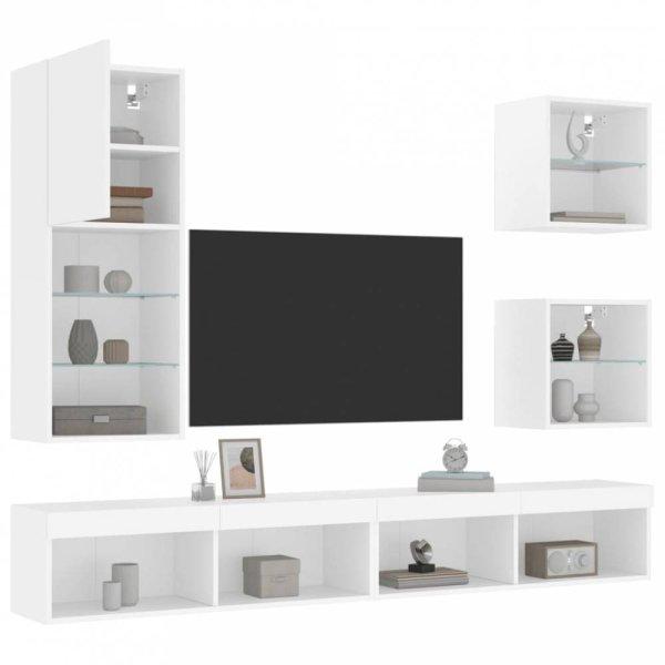 5 darab fehér szerelt fa fali TV-bútor LED-del