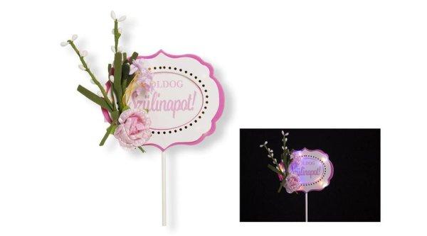 Virágos Boldog szülinapot feliratos beszúró tortadísz LED világítással