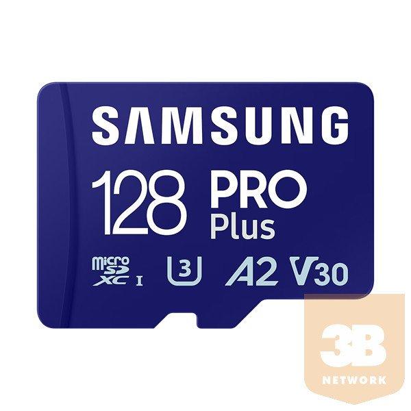 SAMSUNG Memóriakártya, PRO Plus microSDXC kártya 128GB, CLASS 10, UHS-I, U3,
V30, A2, + Adapter, R180/W130