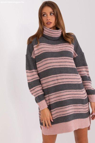 Csíkos pulóver ruha galléros modell 0705 szürke + rózsaszín