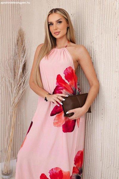 Viszkóz virágos ruha nyakkendővel ART2760 rózsaszín modell