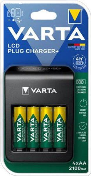 Elemtöltő, AA/AAA/9V, 4xAA 2100 mAh, LCD kijelző, VARTA "Plug"