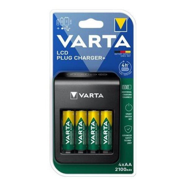 Elemtöltő, AA/AAA/9V, 4xAA 2100 mAh, LCD kijelző, VARTA "Plug"