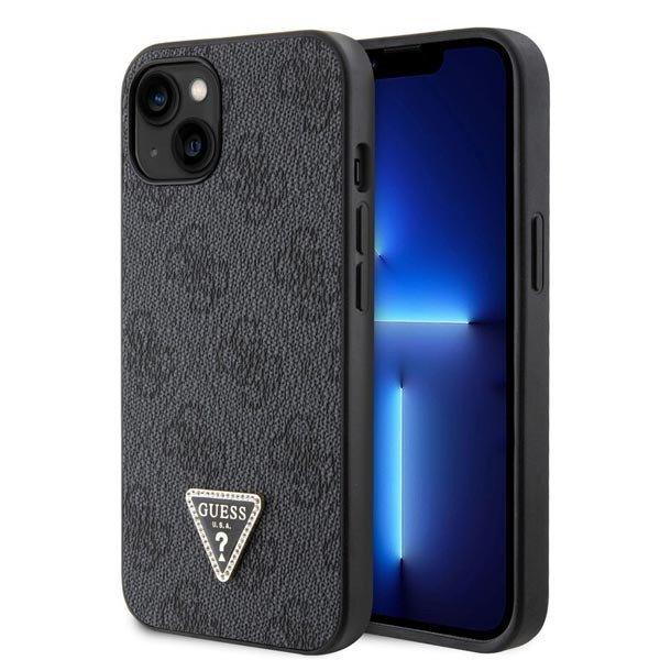 Guess PU 4G Strass Triangle Metal Logo Hátlapi tok iPhone 15 számára, fekete