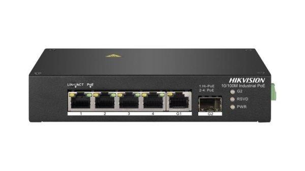 Hikvision DS-3T0306HP 6 portos ipari PoE switch (110 W), 4 PoE / 1 HiPoe+ / 1
RJ45 + 1 SFP uplink port, nem menedzselhető