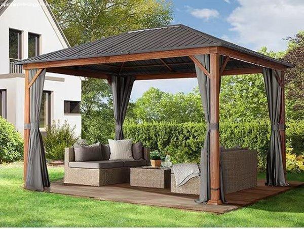 Luxus alumínium kerti pavilon, pergola rendezvénysátor polykarbonát
tetővel, fa hatású oszlopokkal 3x4m