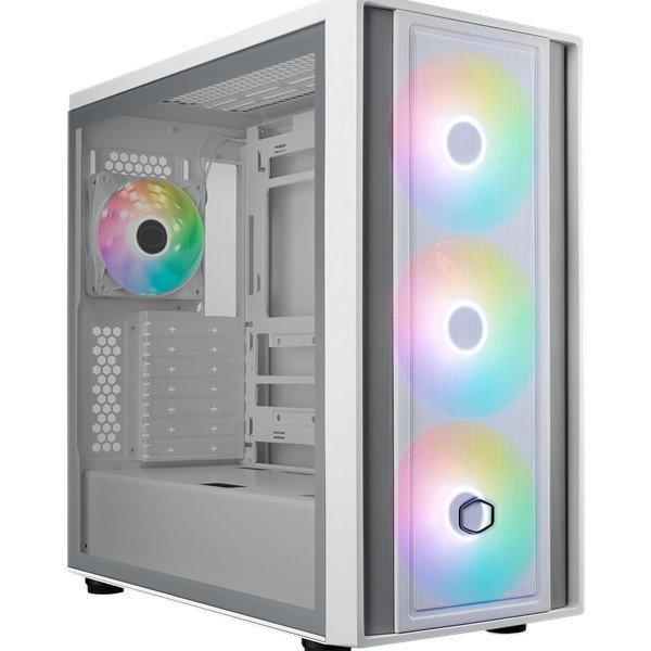 COOLER MASTER Ház ATX MasterBox 600, 4db ARGB Ventilátor, Tápegység
nélkül, Üvegfalú, fehér